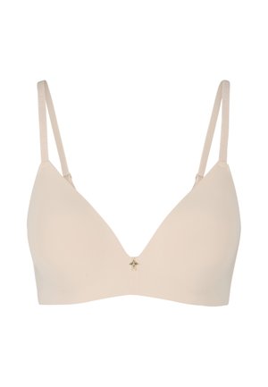 Beige dreieckiger BH mit verstellbaren Trägern, weichem Stoff und einem kleinen goldenen Akzent in der Mitte. Glatte Textur, nahtloses Design.