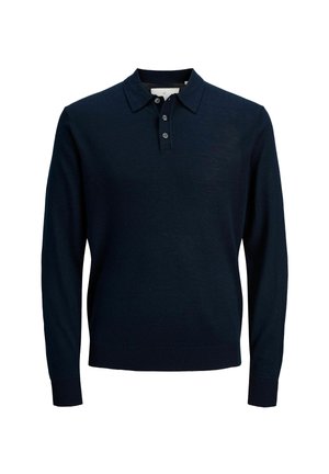 Polo en maille bleu marine à manches longues avec col classique et patte de boutonnage à trois boutons. Présente des poignets et un ourlet côtelés, texture lisse.