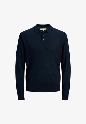 Polo en maille bleu marine à manches longues avec col classique et patte de boutonnage à trois boutons. Présente des poignets et un ourlet côtelés, texture lisse.