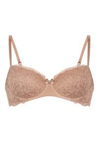 Kanten beha in een huidskleurige tint met beugel. Heeft een bloemmotief, gladde cups, verstelbare bandjes en een centrale strikdetail met een strass accent.