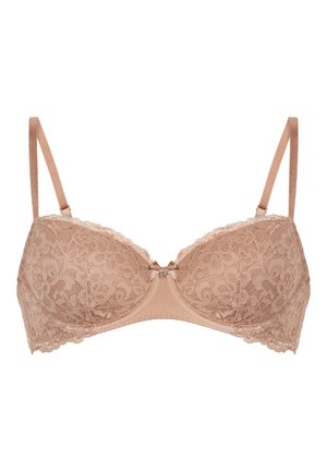 Kanten beha in een huidskleurige tint met beugel. Heeft een bloemmotief, gladde cups, verstelbare bandjes en een centrale strikdetail met een strass accent.