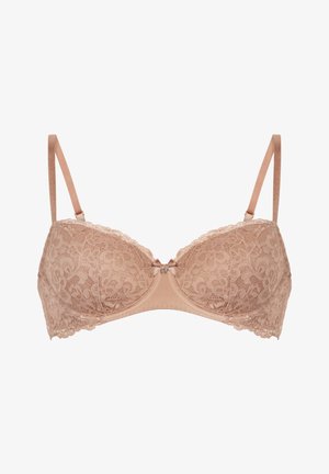 Spitzen-BH in Nudetönen mit Bügel. Mit floralem Muster, glatten Cups, verstellbaren Trägern und einer zentralen Schleifendetail mit Strassakzent.