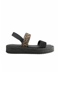 Svarta och leopardmönstrade platåsandaler med en tjock flätad sula, som har två remmar—en svart och en mönstrad—i en minimalistisk design.