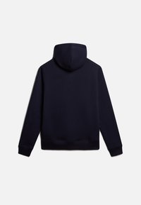 Sudadera con capucha de color azul marino, de manga larga, con puños y dobladillo de canalé, mostrada desde la parte de atrás sobre un fondo blanco liso.