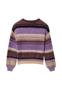 Futrzasty sweter dzianinowy w poziome paski w kolorach fioletowym, brązowym, beżowym i czarnym, z długimi rękawami i okrągłym dekoltem.
