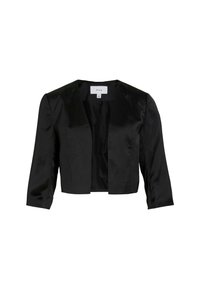 Giacca cropped in satin nero con vestibilità tailored, ampi revers e maniche a tre quarti. Tessuto liscio e design con apertura frontale.