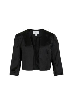 Giacca cropped in satin nero con vestibilità tailored, ampi revers e maniche a tre quarti. Tessuto liscio e design con apertura frontale.