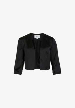 Giacca cropped in satin nero con vestibilità tailored, ampi revers e maniche a tre quarti. Tessuto liscio e design con apertura frontale.