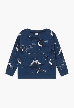 Marineblauer Kinderpullover mit verschiedenen Dinosaurierabbildungen und dem Text "RAWR" in Weiß und Schwarz.