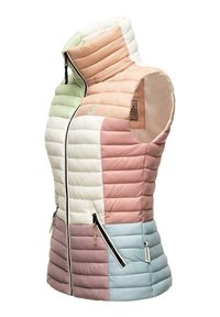 Colorblocked, mouwloze gebreide vest in pastelkleuren van groen, roze en wit. Voorzien van ritszakken en een hoge kraag.