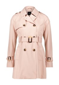 Light pink trench coat made of smooth fabric, featuring a double-breasted front, belted waist, and faux tortoiseshell buttons with flapped pockets.