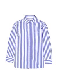 Camisa de botones a rayas en azul claro y blanco, con cuello estándar, mangas largas y un bolsillo en el pecho. Material de algodón.