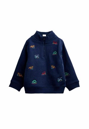 Navy blauwe kindertrui met ritskraag en kleurrijke geborduurde dinosauruspatronen verspreid over de voorkant en mouwen.