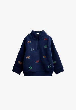 Mørkeblå børnesweatshirt med lynlåsforsænkning og farverige broderede dinosaurmønstre spredt på forsiden og ærmerne.