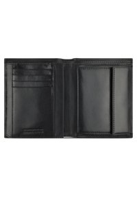 Black leather wallet with multiple card slots, a clear ID window, and smooth texture. Features minimal stitching and a compact design.