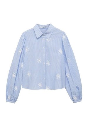Niebieska i biała w paski koszula zapinana na guziki, z długimi rękawami i haftem kwiatowym. Posiada klasyczny kołnierzyk oraz zmarszczone mankiety.