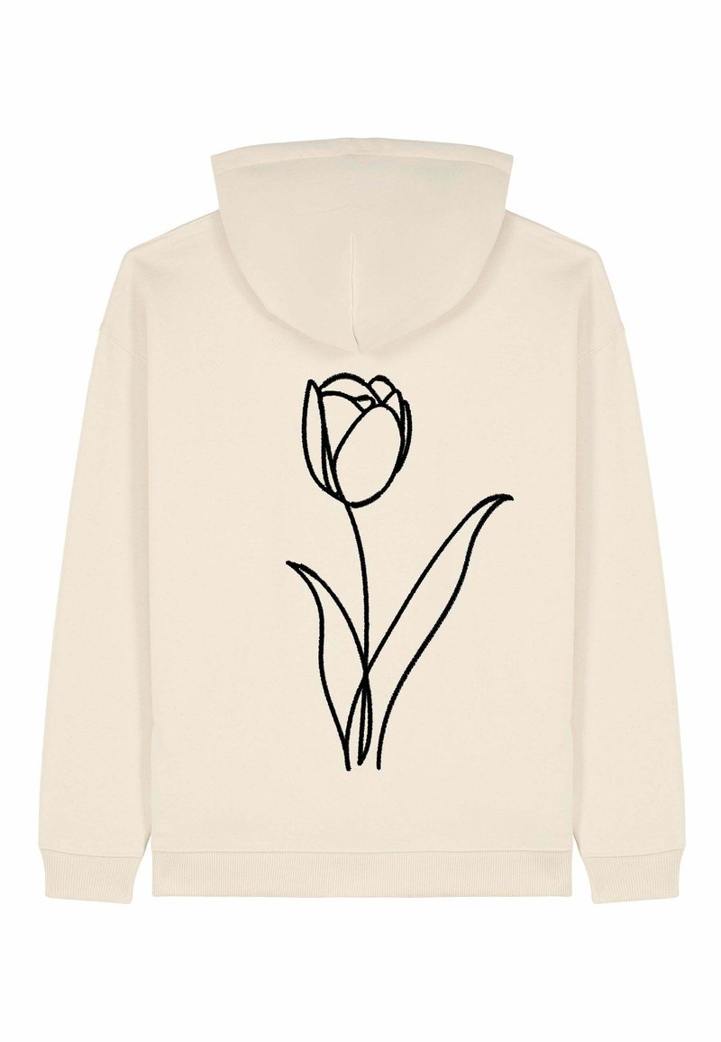 Felpa beige con un semplice disegno a linea nera di un fiore di tulipano e due foglie, centrato sul retro.