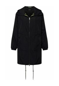 Svart vindjacka med huva, framsida med dragkedja, två sidofickor, elastiska ärmslut och dragsko i nederkant. Lättviktig, mjuk textur, minimalistisk design.