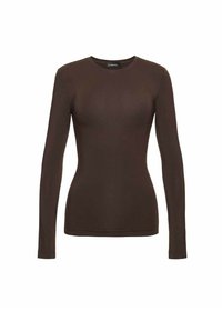 Czarnobrązowa, dopasowana koszulka z długim rękawem i okrągłym dekoltem, o gładkiej teksturze, z małą czarną metką na karku.