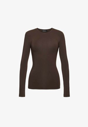Czarnobrązowa, dopasowana koszulka z długim rękawem i okrągłym dekoltem, o gładkiej teksturze, z małą czarną metką na karku.