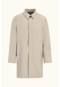 Beige lightweight coat with a collared neck, front button closure, side pockets, and straight cut. Smooth texture and minimal design.