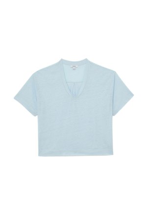 Lyseblå kortærmet cropped top med V-udskæring og subtil tekstureret stof, vist på hvid baggrund.