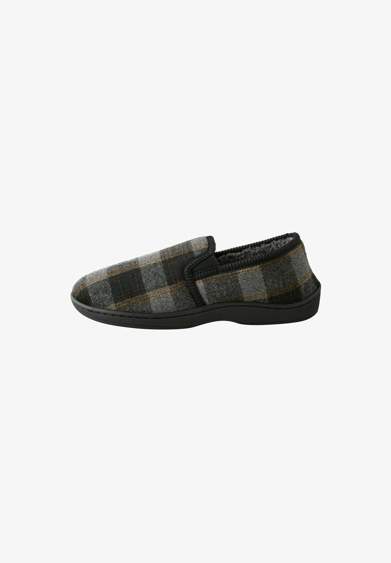 Plush grå og sort slippers med et ternet mønster. Blødt materiale, slip-on design og en sort gummisål. Behagelig foret inderside.