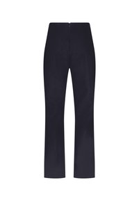 Marineblå skræddersyede bukser med lige ben, der har lynlåslukning bagpå og en glat tekstur.