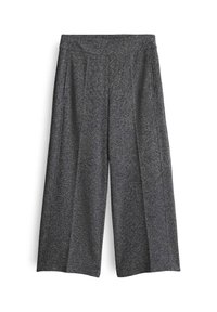 Pantaloni a gamba larga in tessuto grigio scuro con una finitura testurizzata. Presenta due pieghe frontali e tasche laterali. Design sartoriale con una vestibilità rilassata.