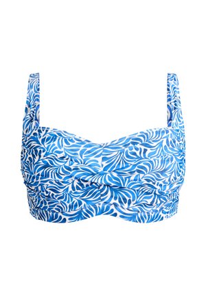 Blauw-witte bikini top met patroon, brede bandjes en geplooide stofdetails aan de voorkant.