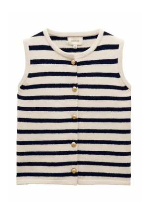 Ärmellose gestreifte Weste in Creme und Marineblau mit goldenen Knopfverschlüssen auf der Vorderseite und einem weichen, strukturierten Strickmaterial.