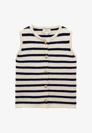 Sleeveless striped vest in cream and navy, featuring gold button closures down the front and a soft, textured knit material.