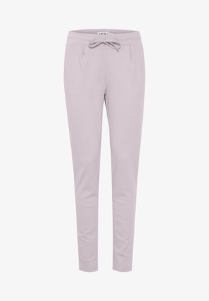 Svetlofialové tepláky vyrobené z mäkkej látky, s viazaním na páse, zúženými nohavicami a bočnými vreckami pre praktickosť.