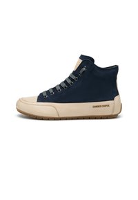 High-top sneakers featuring a navy suede upper, beige leather toe and sole, gray laces, and "CANDICE COOPER" logo on the side.