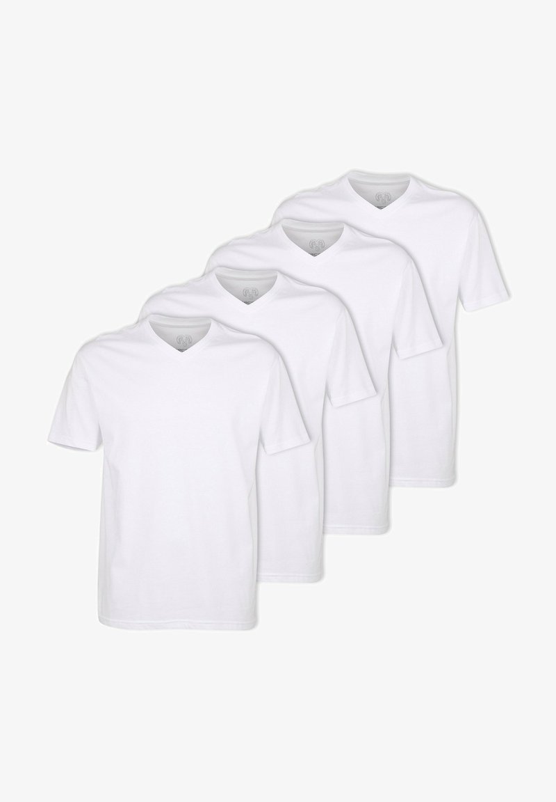 Fire ensfarvede v-hals t-shirts anbragt på række. Bomuldsstof, korte ærmer, standard pasform, ingen mønstre eller synlige logoer.