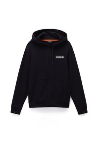 Svart hoodie gjord av en bomullsblandning, med en framficka, justerbar dragsko huva och en liten logotryck på bröstet.