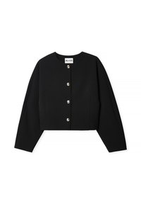 Črni skrajšani blazer z okroglim vratnim izrezom, zapiranjem na gumbe in dolgimi rokavi. Ima gladko teksturo in pet kovinskih gumbov.