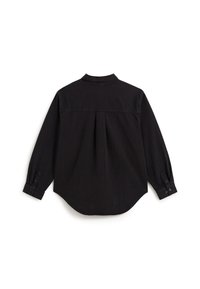 Schwarze Langarm-Bluse mit Knopfleiste, Rückenschlitz, abgerundetem Saum und geknöpften Manschetten, flach von hinten auf einem weißen Hintergrund gezeigt.