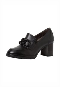 Mocassin en cuir noir avec talon bloc et détail décoratif en chaîne noire sur le dessus, avec un bout rond et des bords cousus.