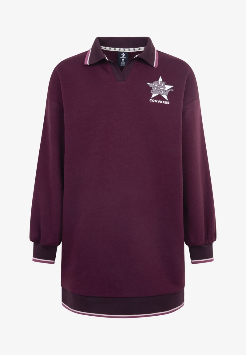 Polo majica dugih rukava u tamnocrvenoj boji s V-izrezom, kontrastnim ovratnikom, gumiranim logotipom i prugastim manžetama. Izrađena je od meke pamučne mješavine.
