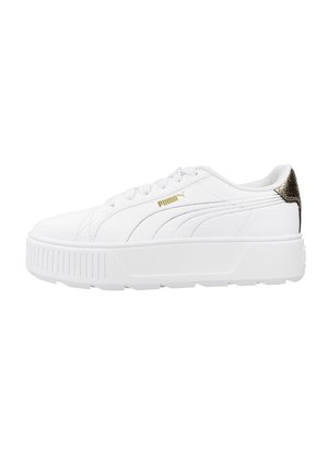 Białe sneakersy z chropowatą skórzaną cholewką, sznurowanym zapięciem, grubą białą podeszwą oraz złotym akcentem na pięcie. Posiadają logo marki po boku.