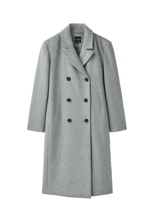 Long manteau en laine gris clair à double boutonnage avec revers en encoche et deux poches latérales verticales.