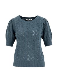 Maglione corto a maniche corte di colore verde scuro, caratterizzato da motivi a rombo in pizzo, colletto a coste e polsini con finitura testurizzata.