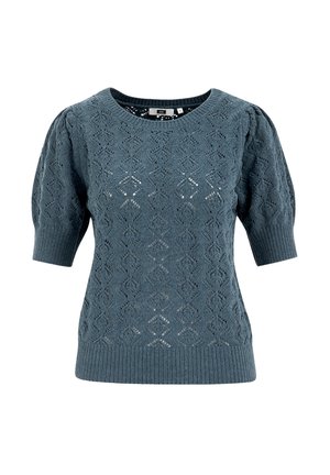Maglione corto a maniche corte di colore verde scuro, caratterizzato da motivi a rombo in pizzo, colletto a coste e polsini con finitura testurizzata.