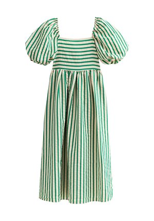 Robe rayée verte et crème avec des manches bouffantes, un décolleté carré et une jupe ample et froncée. Fabriquée en tissu léger.