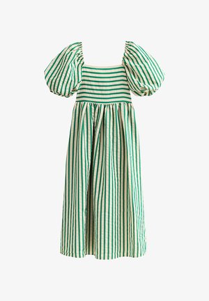 Vestido a rayas verdes y crema con mangas abullonadas, escote cuadrado y falda amplia y fruncida. Hecho de tela ligera.