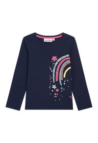 Marineblaues Langarm-T-Shirt mit Regenbogen- und Sternmotiven in Pink, Blau und Gelb. Weicher Stoff mit Rundhalsausschnitt und figurnahem Design.