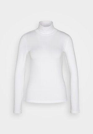 White long-sleeve turtleneck shirt made from a smooth, stretchy fabric. Features a snug fit and a high collar. No visible patterns or accents.