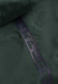 Grüner Stoff mit glatter Textur, der in der Mitte ein schwarzes "EXPLORE"-Grafikdetail in ausgeschnittenen Buchstaben aufweist.