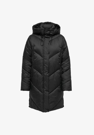 Fekete steppelt dzseki kapucnival, chevron mintával és cipzáras zsebekkel. Simára kidolgozott, szigetelt anyagból készült, laza szabásban.